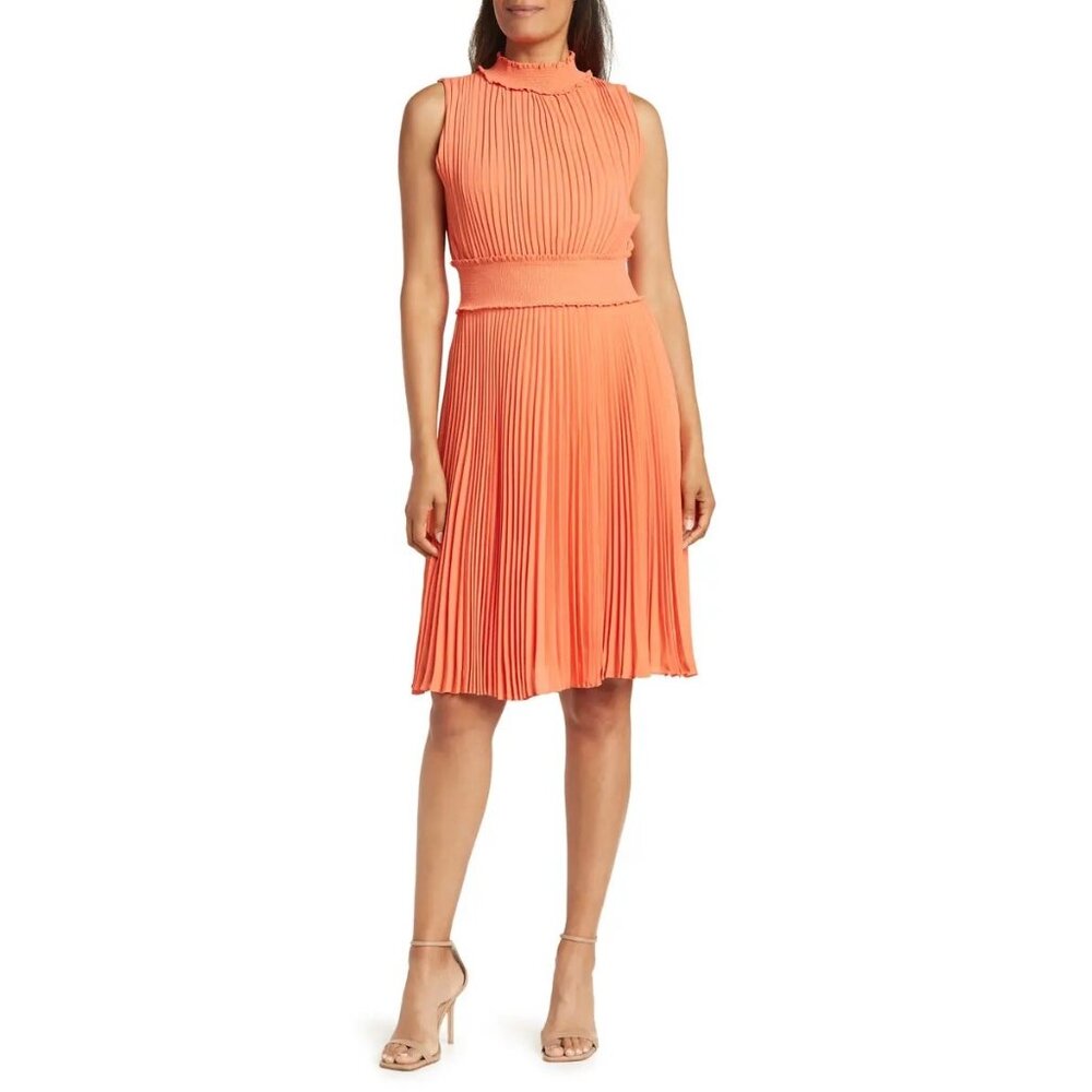 Nanette Lepore Coral Smocked High Neck Sleeveless Pleated Midi Dress Size 14